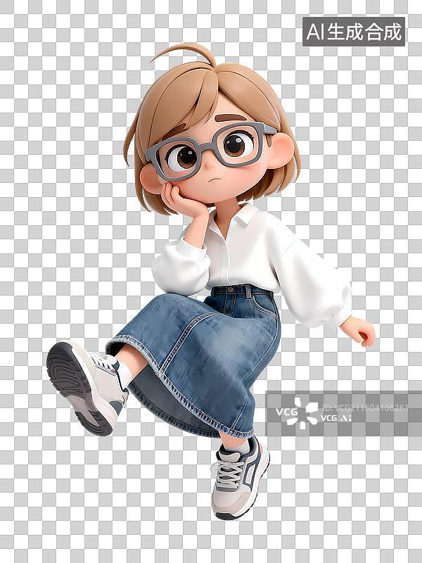【AI数字艺术】白衬衣牛仔长裤戴眼镜女孩托腮思考3D卡通立体活力职场新人大学校园招聘青年人物图片素材