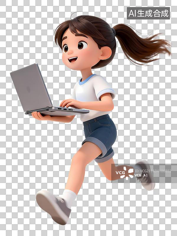 【AI数字艺术】白色短袖短裤马尾辫女孩抱着电脑向前奔跑3D卡通立体活力职场新人大学校园招聘青年人物图片素材