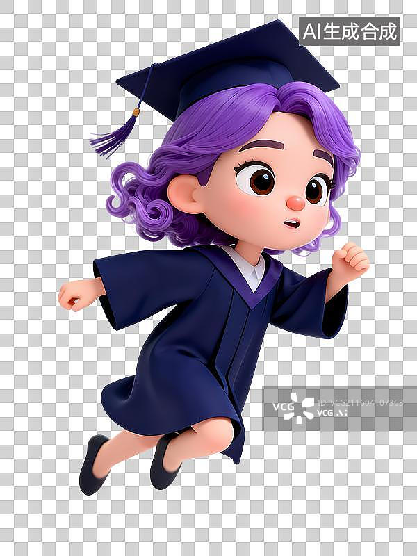 【AI数字艺术】Q版紫色长卷发女孩穿学士服向前飞跃奔跑3D卡通立体活力职场新人大学校园招聘青年人物图片素材
