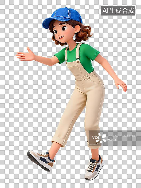 【AI数字艺术】蓝色棒球帽米色背带裤绿色短袖女孩伸手邀请握手3D卡通立体活力职场新人大学校园招聘青年人物图片素材