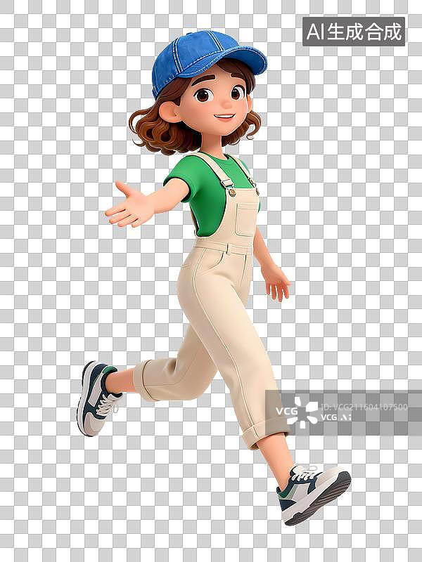 【AI数字艺术】蓝色棒球帽米色背带裤绿色短袖女孩伸手邀请握手3D卡通立体活力职场新人大学校园招聘青年人物图片素材