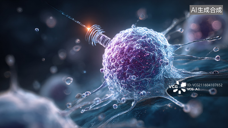 【AI数字艺术】纳米针刺入癌细胞的微观场景图片素材