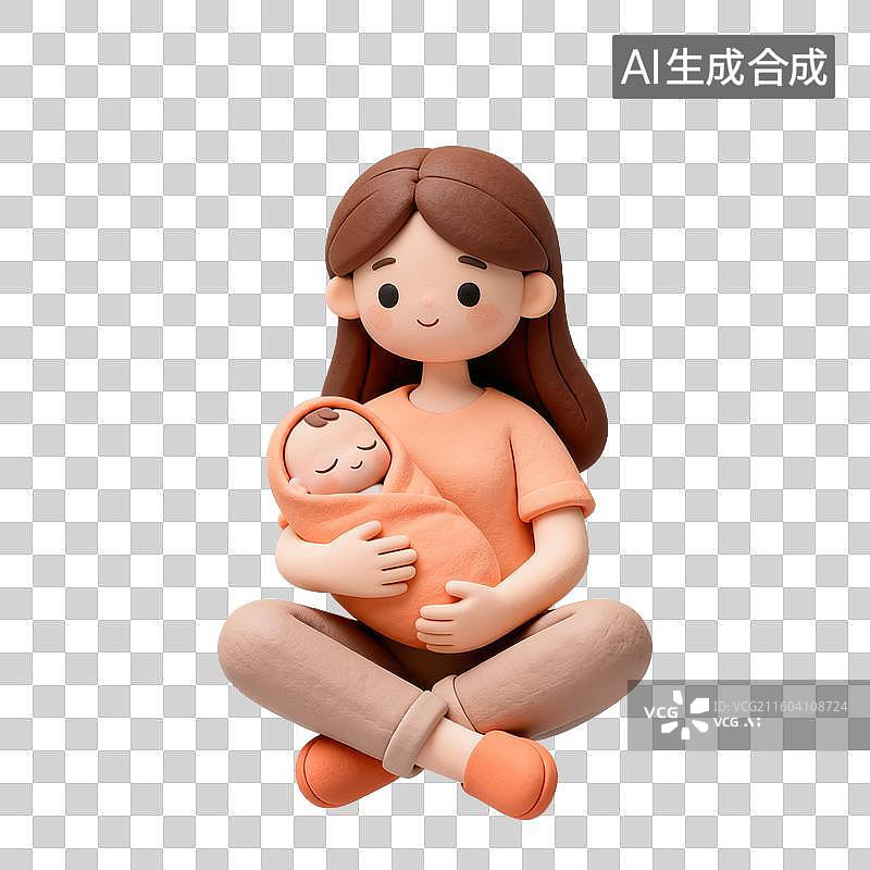 【AI数字艺术】3D粘土风格母婴亲子母亲女士抱着襁褓中的婴儿元素图片素材