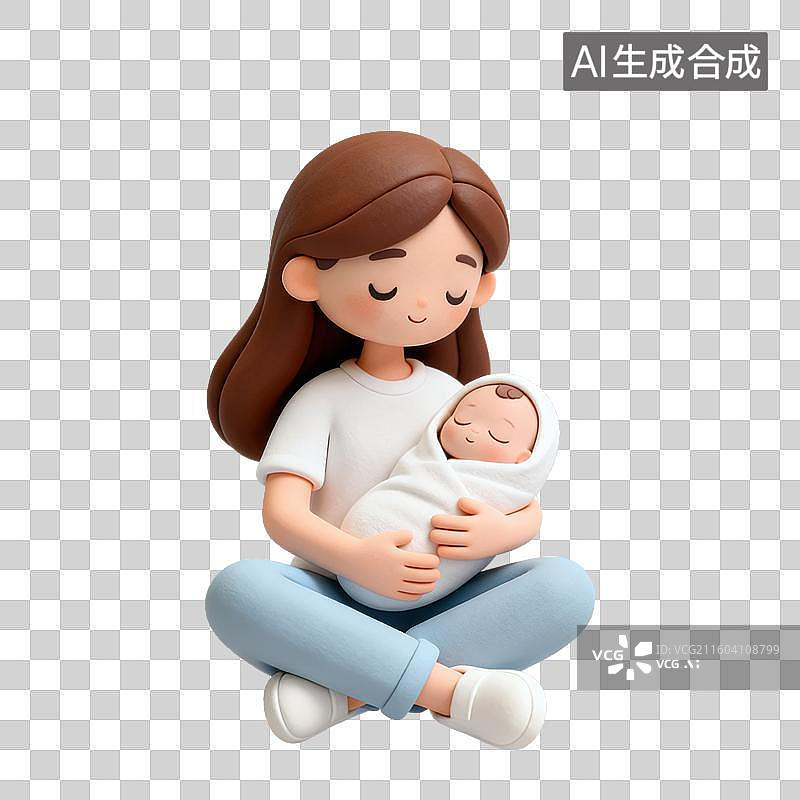 【AI数字艺术】3D粘土风格母婴亲子母亲女士抱着襁褓中的婴儿元素图片素材
