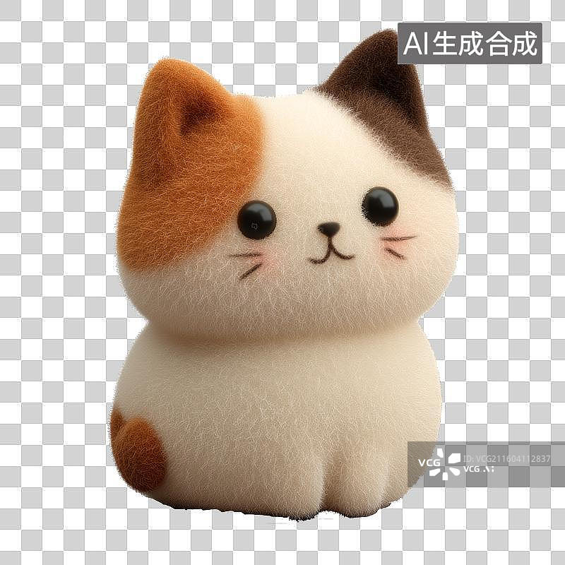 【AI数字艺术】3D毛绒风格圆润可爱卡通三花猫小猫宠物玩具免抠元素透明底PNG图片素材