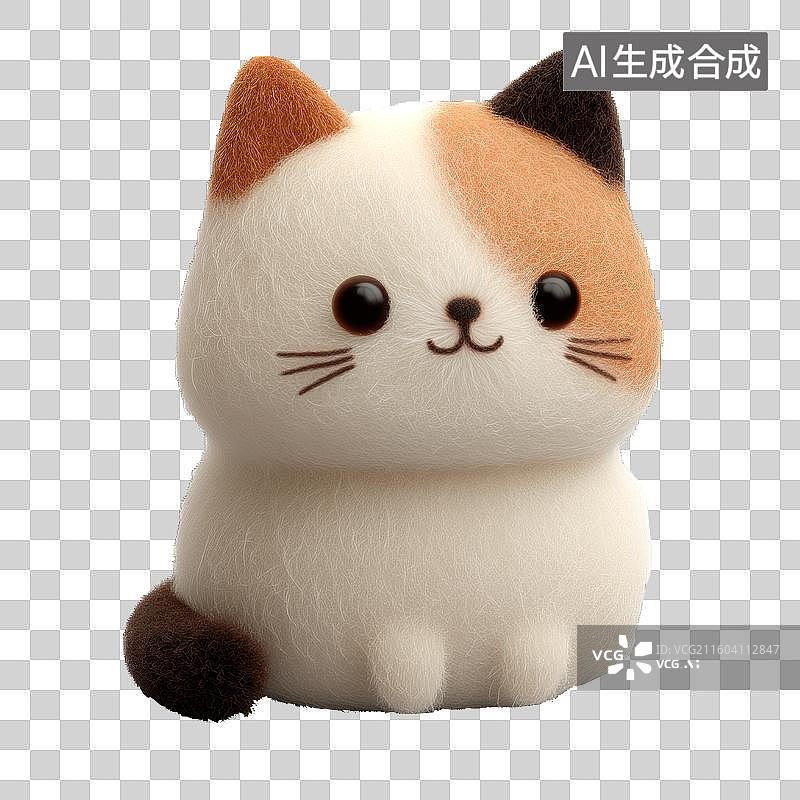 【AI数字艺术】3D毛绒风格圆润可爱卡通三花猫小猫宠物玩具免抠元素透明底PNG图片素材