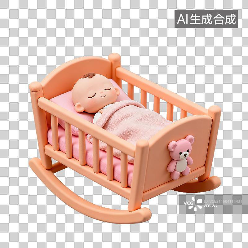 【AI数字艺术】3D粘土风格母婴亲子主题婴儿躺在婴儿床里睡觉元素图片素材