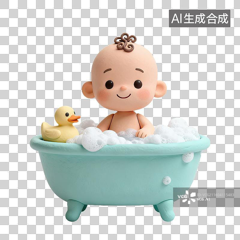 【AI数字艺术】3D粘土风格母婴亲子主题婴儿在浴缸洗澡元素图片素材