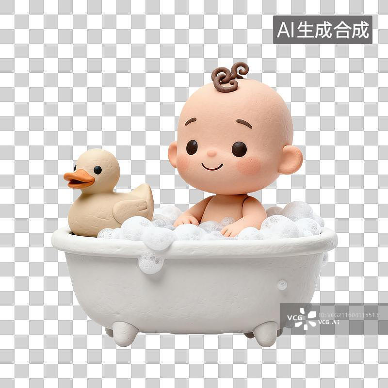 【AI数字艺术】3D粘土风格母婴亲子主题婴儿在浴缸洗澡元素图片素材
