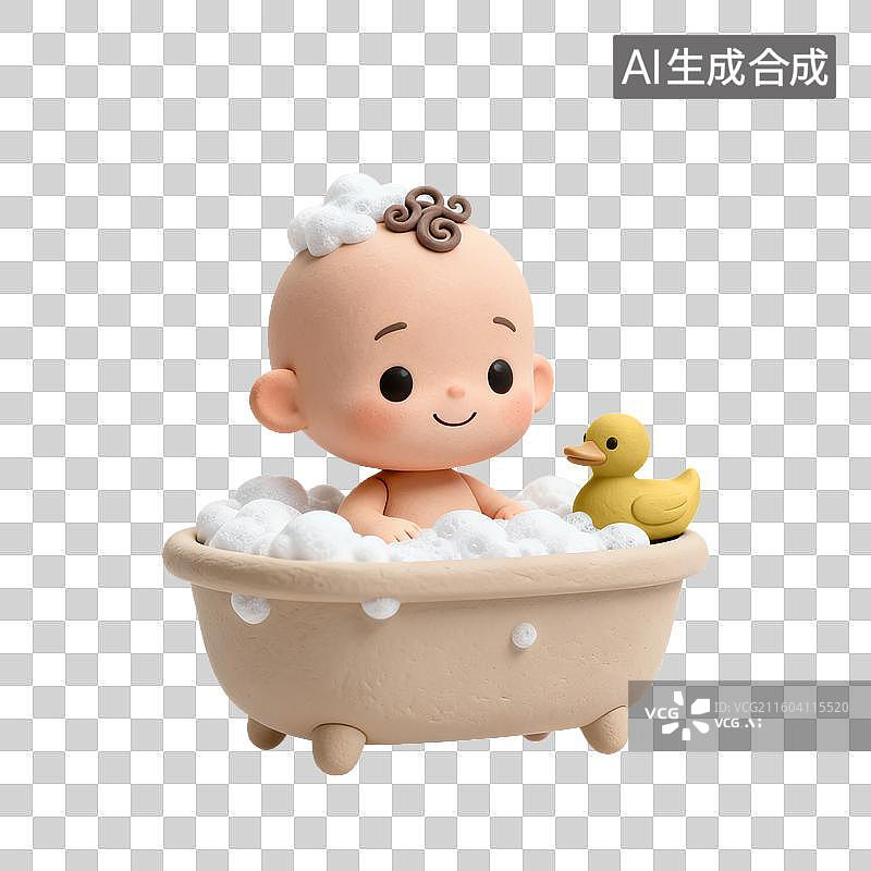 【AI数字艺术】3D粘土风格母婴亲子主题婴儿在浴缸洗澡元素图片素材