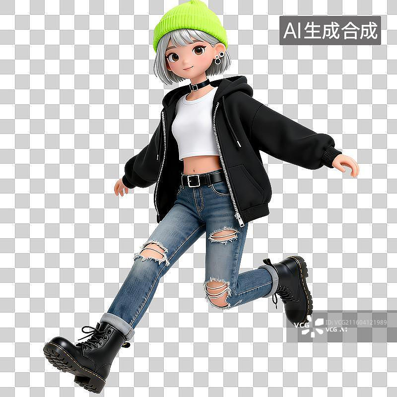 【AI数字艺术】3D银发潮酷时尚女孩动作姿势图片素材