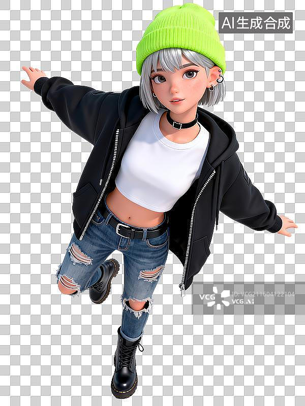 【AI数字艺术】3D银发潮酷时尚女孩动作姿势图片素材
