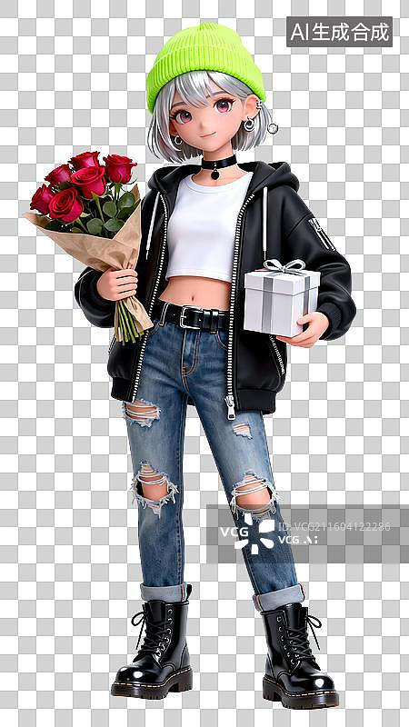 【AI数字艺术】3D银发潮酷时尚女孩动作姿势图片素材