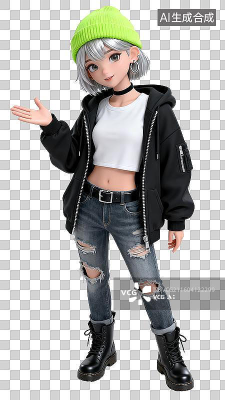【AI数字艺术】3D银发潮酷时尚女孩动作姿势图片素材