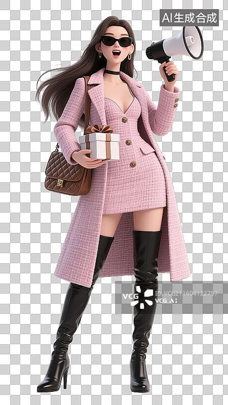 【AI数字艺术】3D粉色粗呢风衣时尚女子动作姿势图片素材
