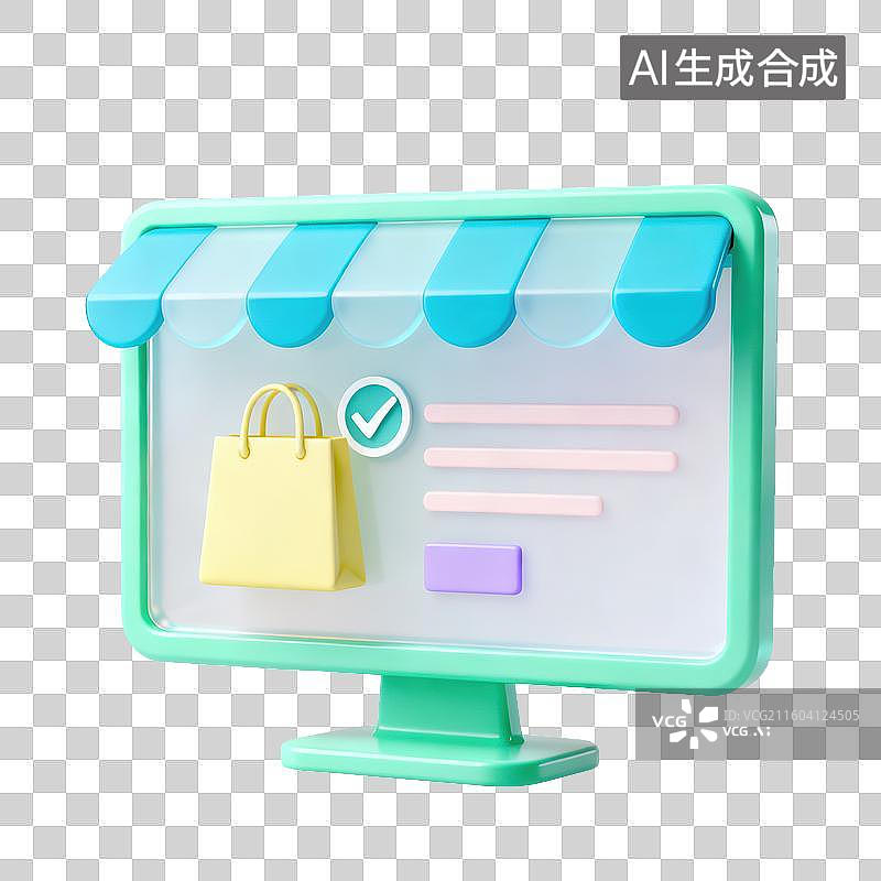 【AI数字艺术】3D磨砂玻璃材质电商购物主题电脑显示器上的购物车购物袋元素图片素材