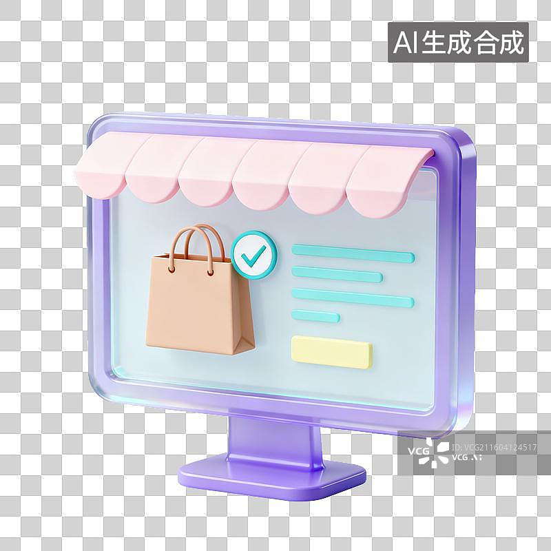 【AI数字艺术】3D磨砂玻璃材质电商购物主题电脑显示器上的购物车购物袋元素图片素材