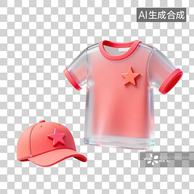 【AI数字艺术】3D磨砂玻璃材质电商购物主题T恤半袖鸭舌帽元素图片素材