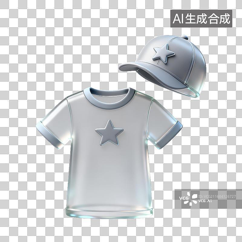 【AI数字艺术】3D磨砂玻璃材质电商购物主题T恤半袖鸭舌帽元素图片素材