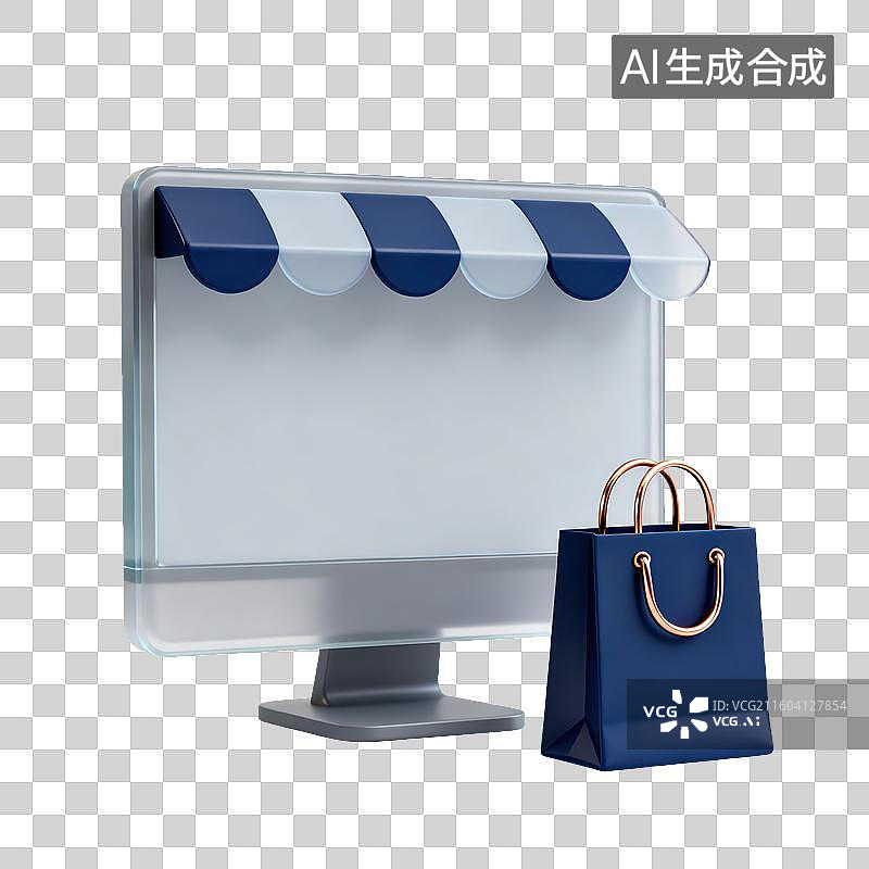 【AI数字艺术】3D磨砂玻璃材质电商购物主题电脑显示器上旁边的购物袋元素图片素材