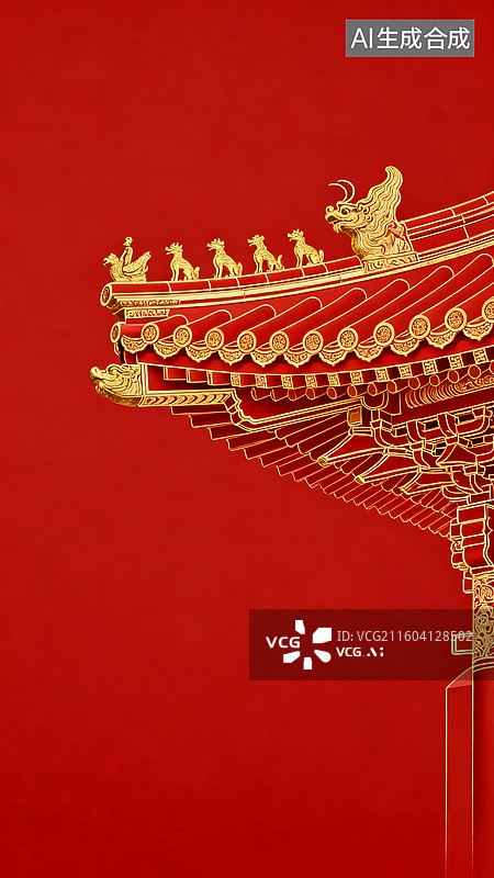【AI数字艺术】红金中式建筑飞檐喜庆传统场景图片素材