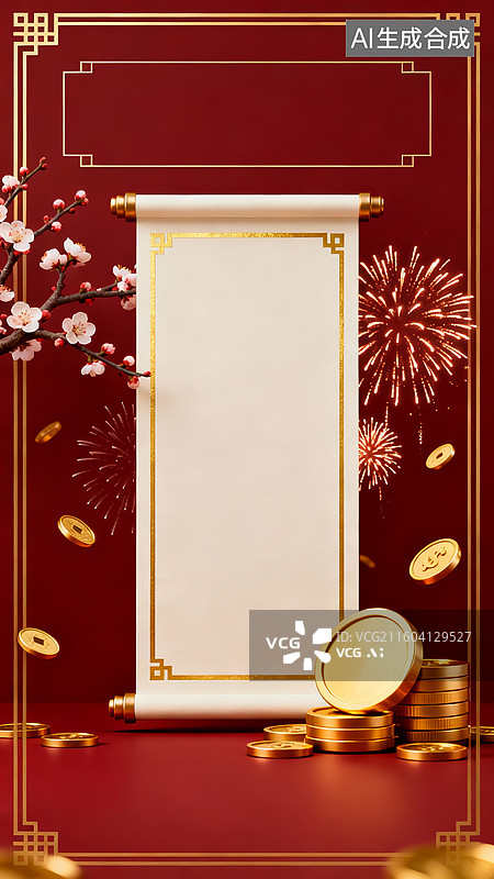 【AI数字艺术】放假通知邀请函：红金春节卷轴梅花铜钱喜庆场景图片素材