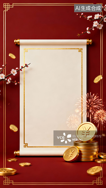 【AI数字艺术】放假通知邀请函：红金春节卷轴梅花铜钱喜庆场景图片素材