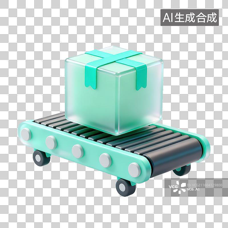【AI数字艺术】3D磨砂玻璃材质电商购物主题传送带上的纸箱智能仓储智能物流元素图片素材