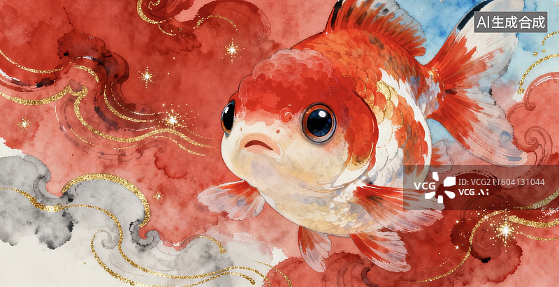 【AI数字艺术】红白锦鲤在云纹背景中游动图片素材