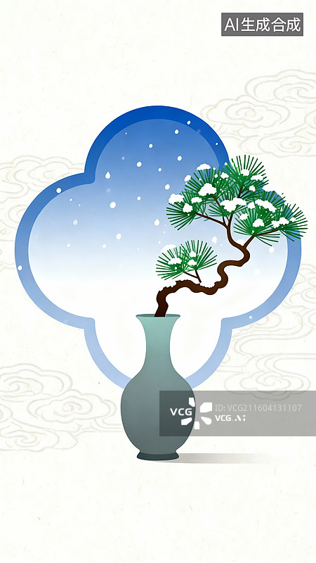 【AI数字艺术】二十四节气：松枝雪景传统插画背景图片素材