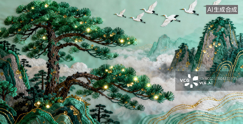【AI数字艺术】松鹤云山山水画图片素材