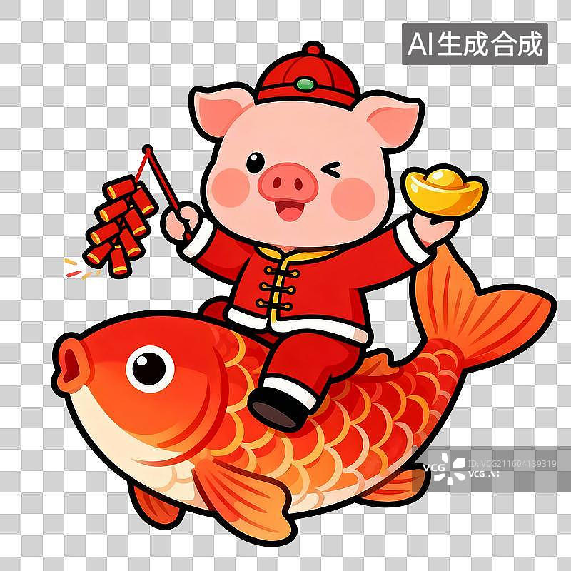 【AI数字艺术】线描风卡通可爱十二生肖：生肖猪骑锦鲤春节吉祥图片素材