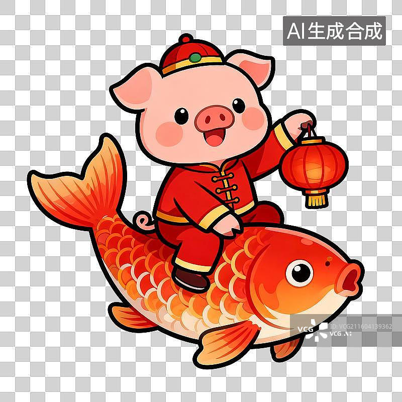 【AI数字艺术】线描风卡通可爱十二生肖：生肖猪骑锦鲤春节吉祥图片素材