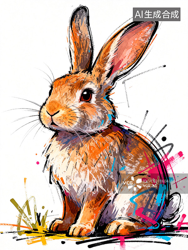 【AI数字艺术】动物插画 兔 涂鸦肌理风格的十二生肖图片素材