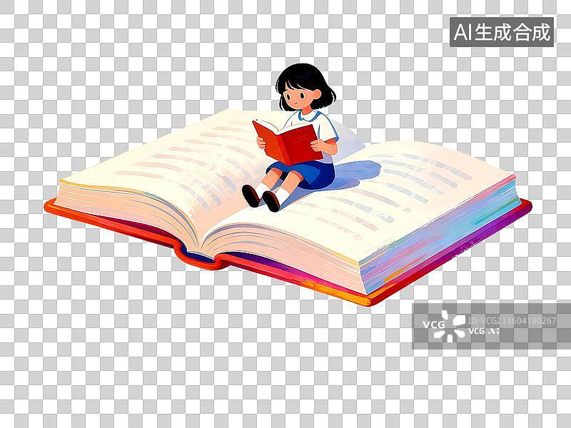 【AI数字艺术】坐在图书上看书的女孩图片素材