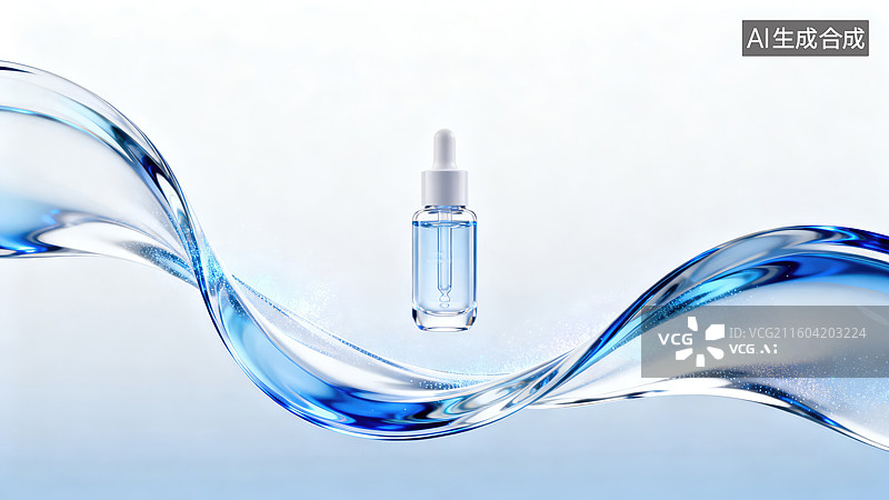 【AI数字艺术】蓝色液体精华瓶与流动水背景图片素材