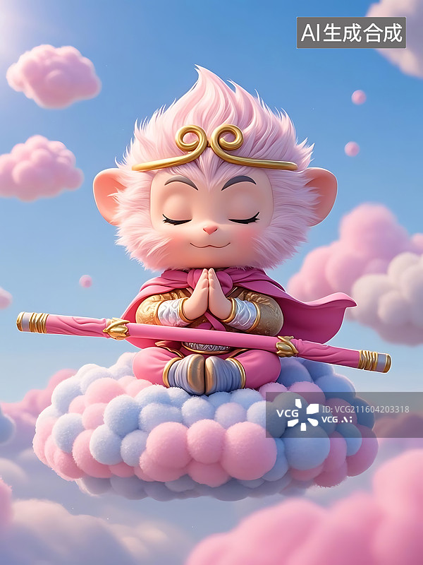 【AI数字艺术】可爱孙悟空打坐云端，粉色毛发，闭目冥想，祥云环绕图片素材