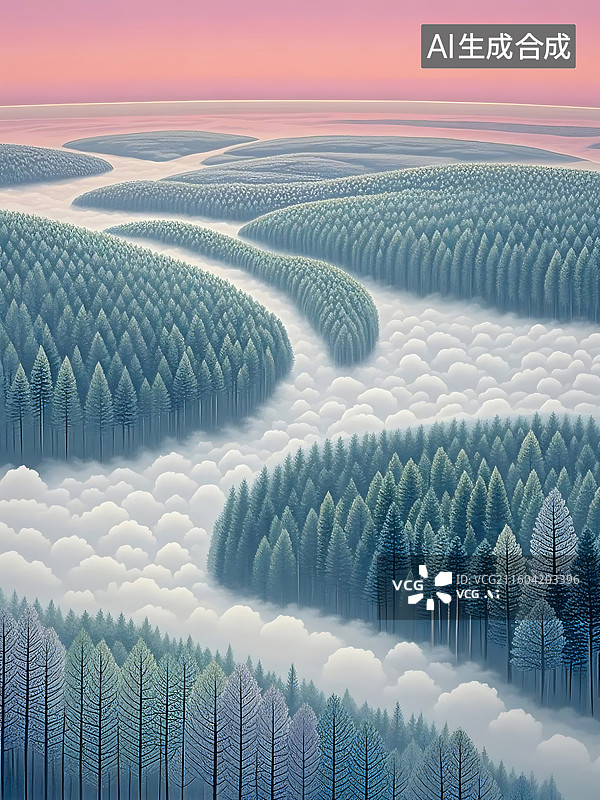 【AI数字艺术】雾气缭绕的森林与粉色天空图片素材