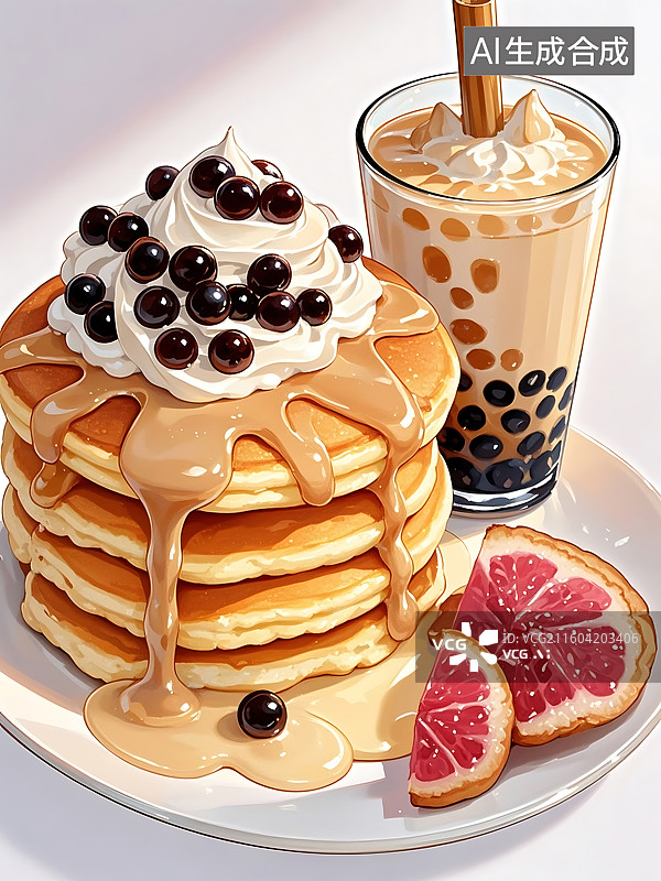 【AI数字艺术】美味的珍珠奶茶煎饼与葡萄柚图片素材