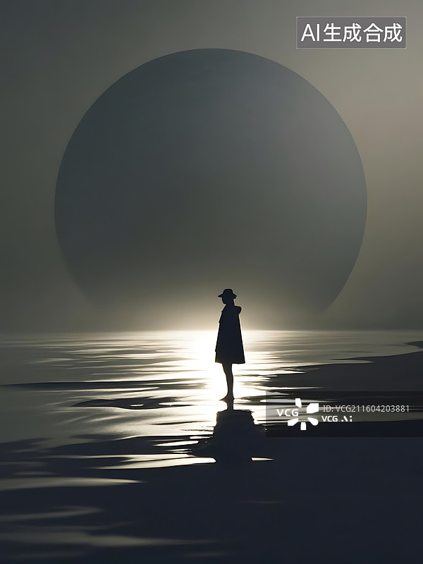 【AI数字艺术】寂静海滩上的神秘身影，巨大的球体笼罩图片素材
