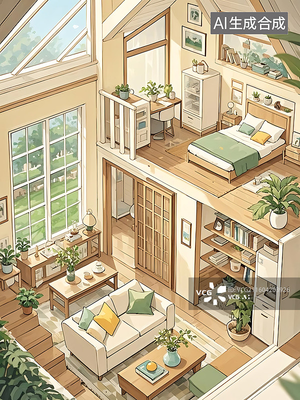 【AI数字艺术】温馨舒适的日式小屋，绿植环绕，阳光明媚图片素材