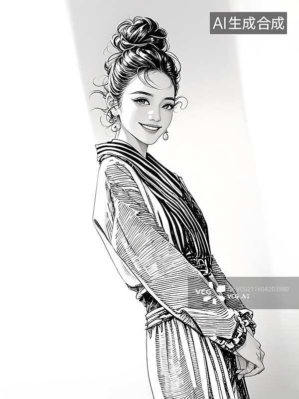 【AI数字艺术】黑白漫画风格时尚女性，束发造型，笑容迷人图片素材