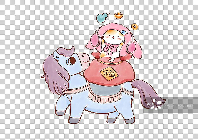 可爱卡通萌系萌宠拟人猫咪插画元素，2026马年幸运图案，马上有福。图片素材