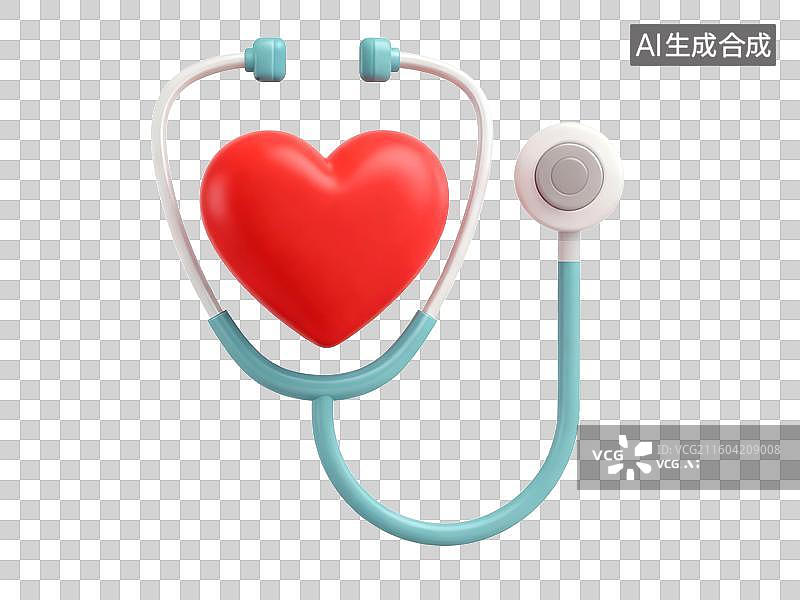【AI数字艺术】3D听诊器间的红色爱心形状，红心，关爱，医疗用品，听诊器，体检图片素材