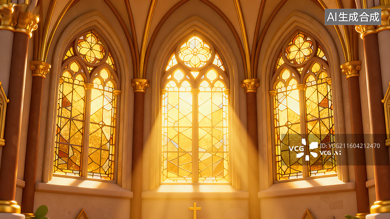 【AI数字艺术】神圣奢华艺术的彩窗金色教堂建筑图片素材