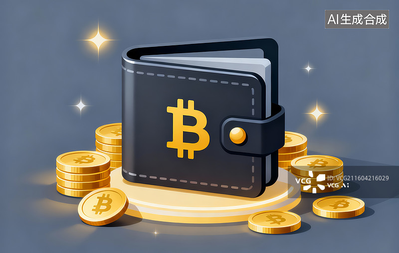 【AI数字艺术】比特币钱包与金币堆叠图片素材