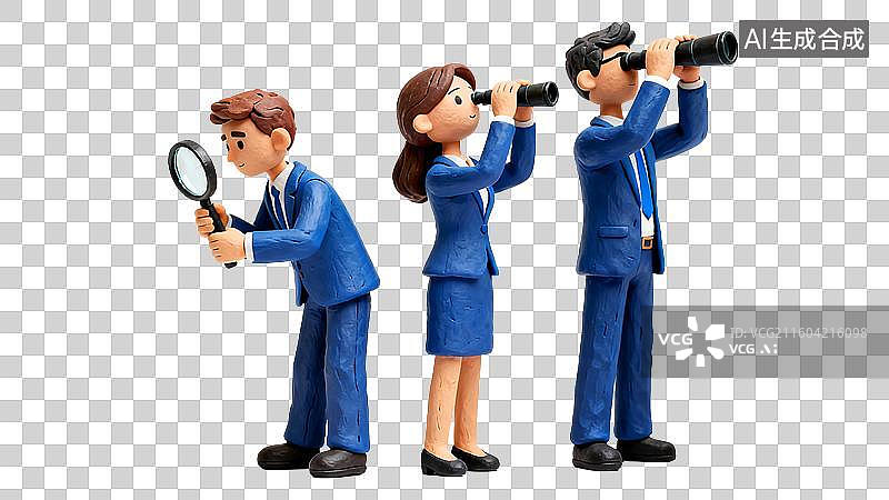 【AI数字艺术】3D渲染，三个商务白领使用放大镜，望远镜，寻找工作图片素材