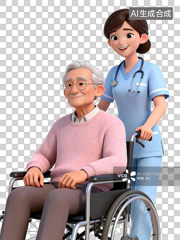 【AI数字艺术】3D医生推着坐轮椅的老人，轮椅，护士，疗养，养老机构，社区图片素材