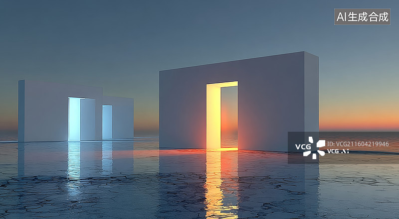 【AI数字艺术】水面上的发光门形结构图片素材