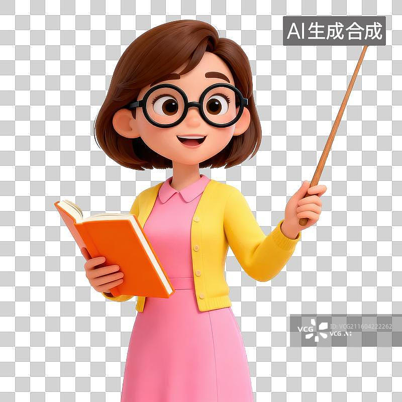【AI数字艺术】戴眼镜的女性教师手持书本和教鞭图片素材